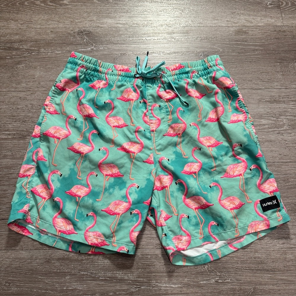 Hurley Board Shorts Mens Medium Blue Pink Flamingo Swim Trunks Beach Surf Casual
